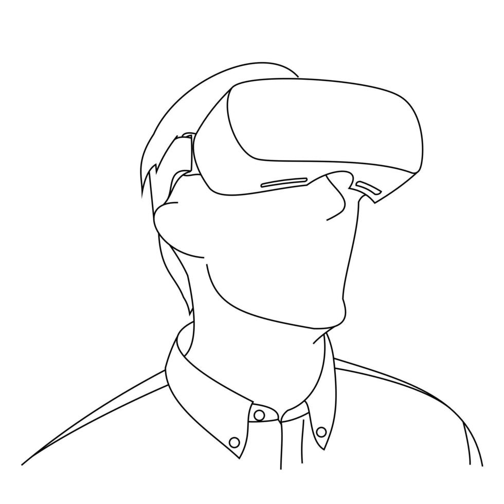 Illustration line drawings of a young man using Virtual Reality glasses while playing a game. Head position looked up while wearing virtual reality helmet. Wearing VR isolated on white background vector