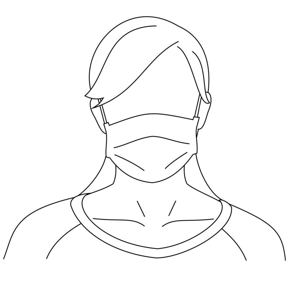 Illustration line drawing of a young woman sick wearing medical face masks to protect from diseases, air pollution, coronavirus, sars, germ, flu or mers-cov. Girl with face masks looking at the camera vector