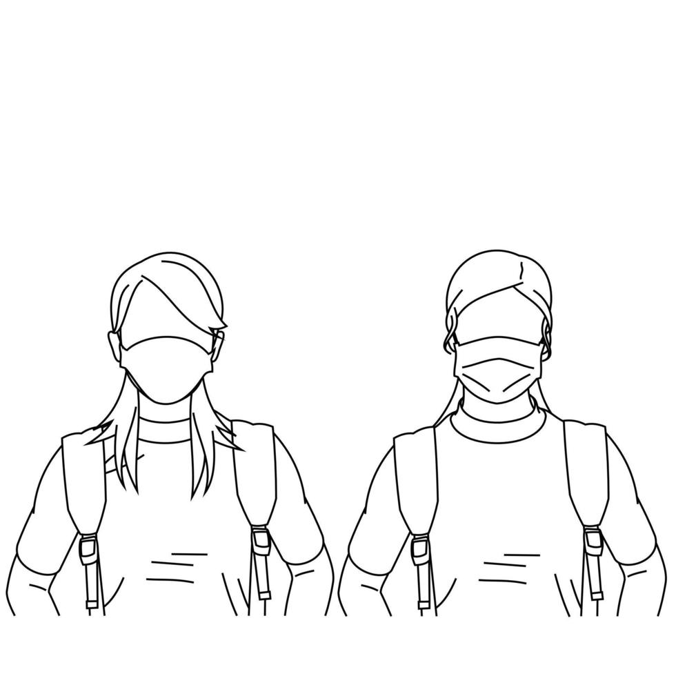 Illustration line drawing of a young woman sick wearing medical face masks to protect from diseases, air pollution, coronavirus, sars, germ, flu or mers-cov. Girl with face masks looking at the camera vector