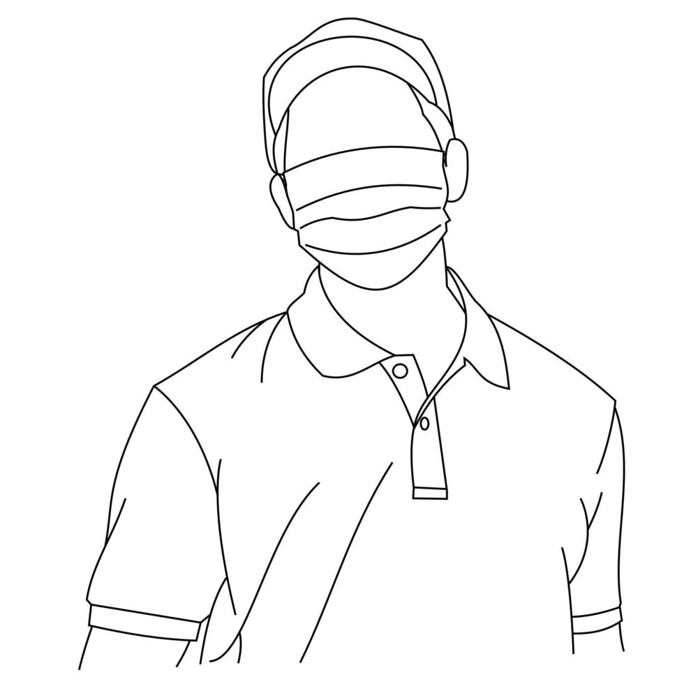 Illustration line drawing of a young man sick wearing medical face masks to protect from diseases, air pollution, coronavirus, sars, germ, flu or mers-cov. Girl with face masks looking at the camera vector