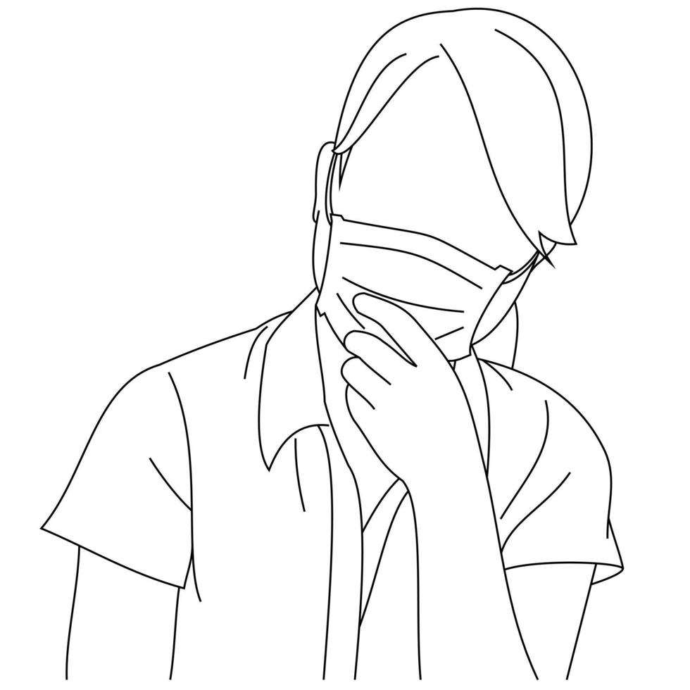 Illustration line drawing of a young woman feeling unwell and coughing as symptom for cold, shortness of breath, pain throat or bronchitis. A female coughing into his fist isolated on a white vector