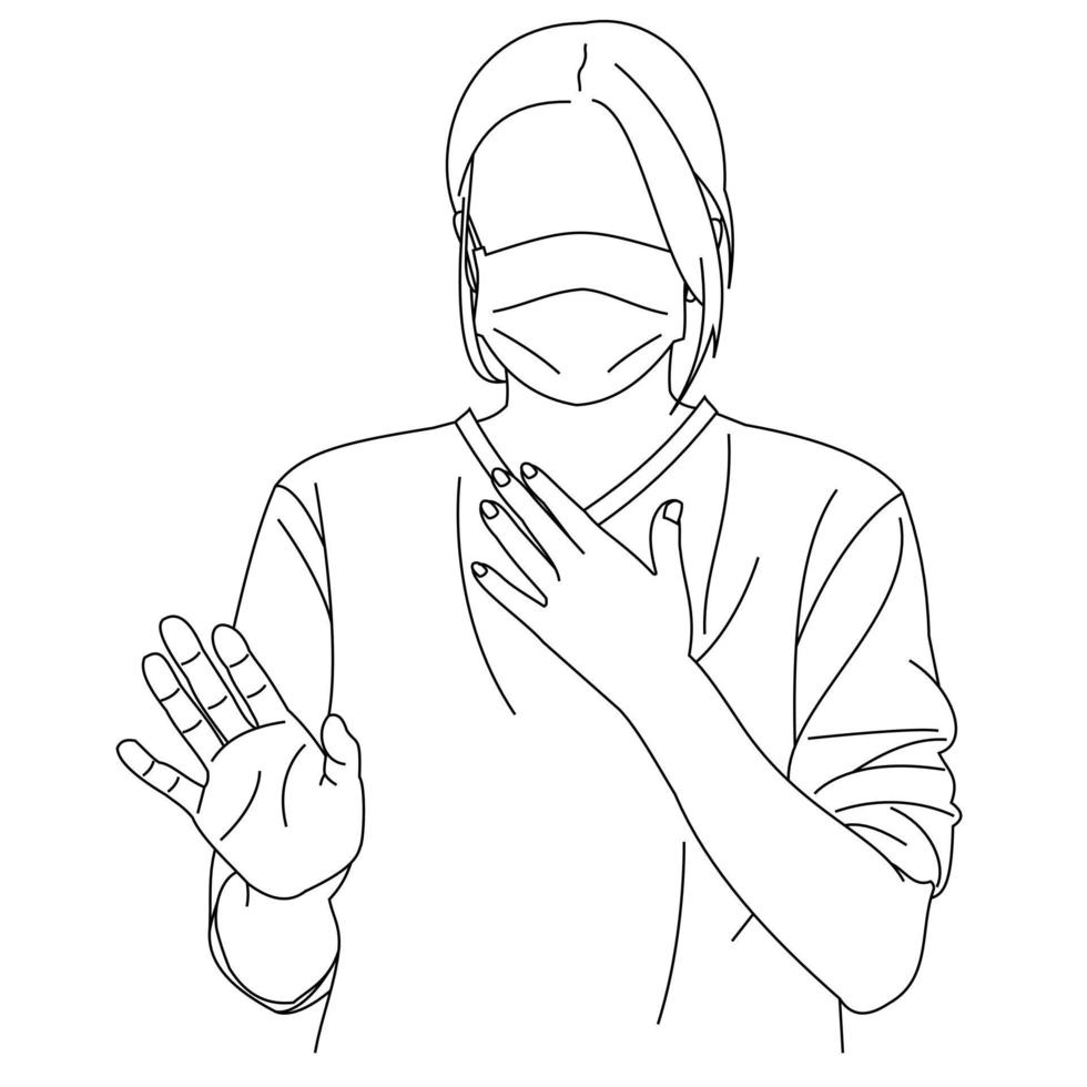 Illustration line drawing of a young woman feeling unwell and coughing as symptom for cold, shortness of breath, pain throat or bronchitis. A female coughing into his fist isolated on a white vector