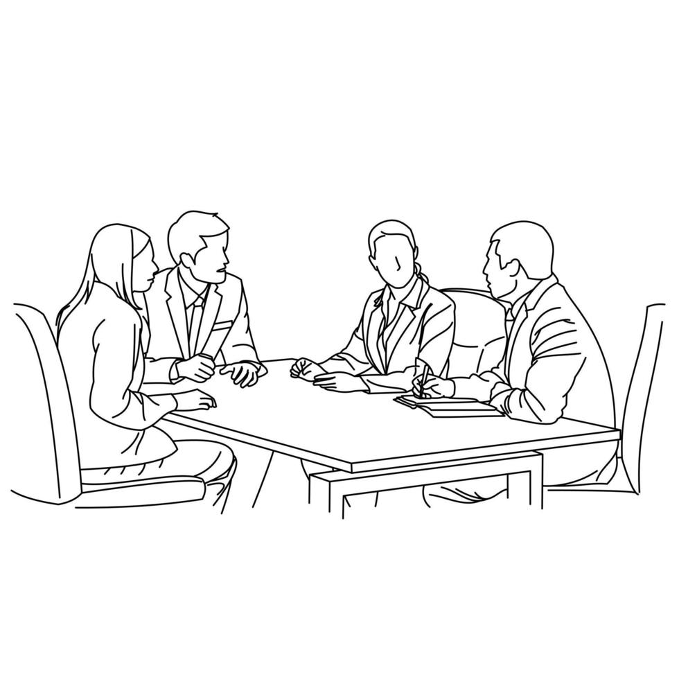 Illustration of line drawing a employee or business team discussing a strategy of their company with leaders in the office. Group of business people sitting and discussing in groups in the office vector