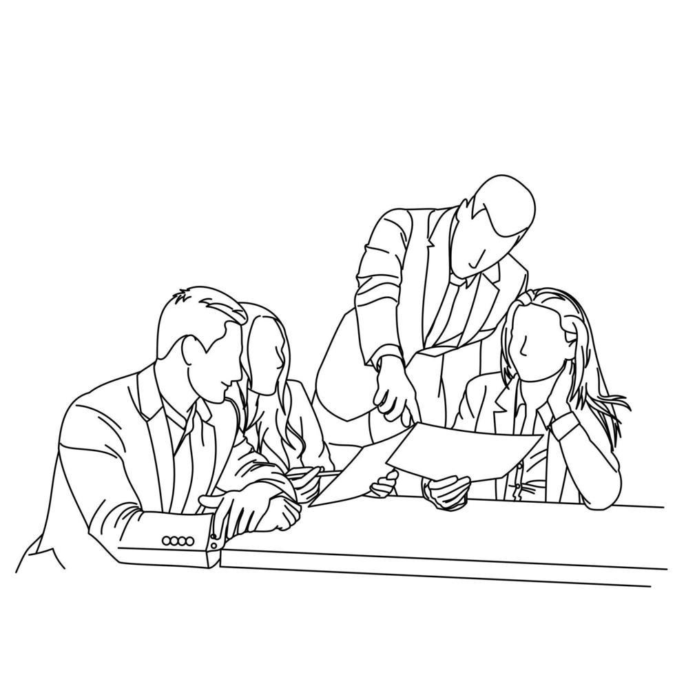 Illustration of line drawing a employee or business team discussing a strategy of their company with leaders in the office. Group of business people sitting and discussing in groups in the office vector