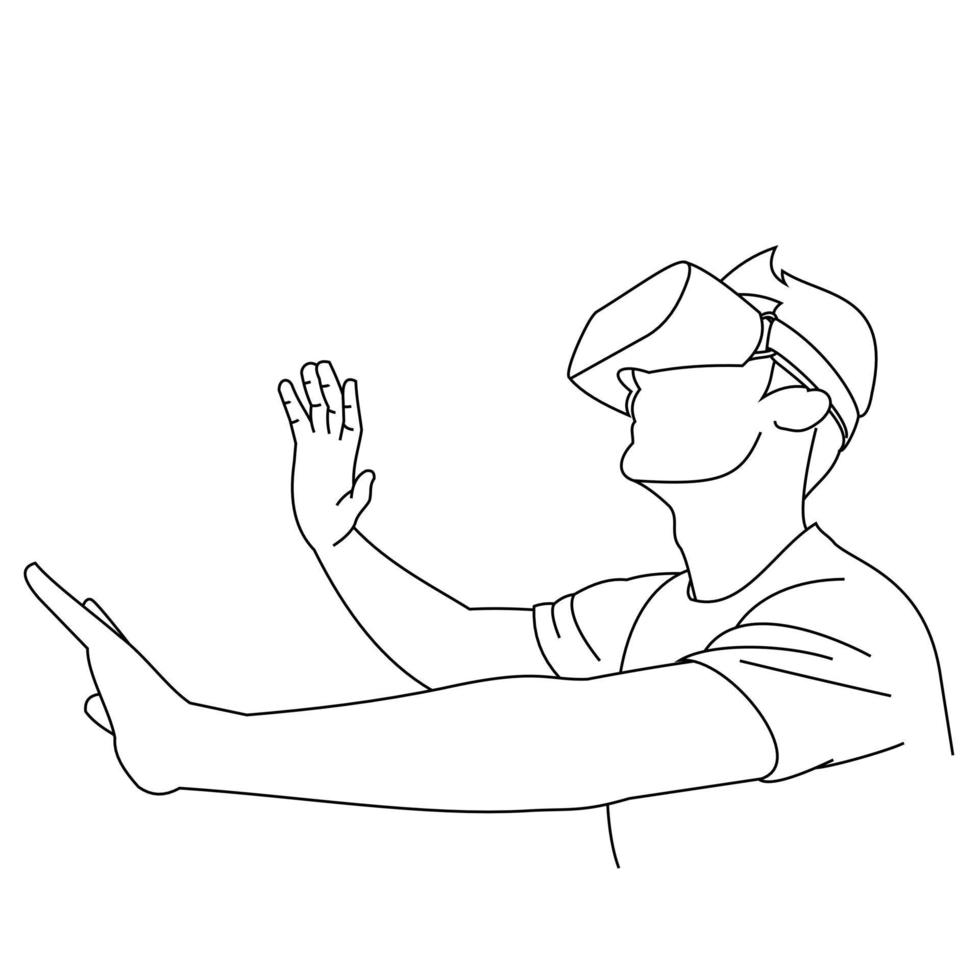 dibujos de líneas de ilustración un joven usa gafas de realidad virtual cuando juega. pretendiendo tocar el botón mientras usa un casco de realidad virtual. usando gafas vr aisladas sobre fondo blanco vector