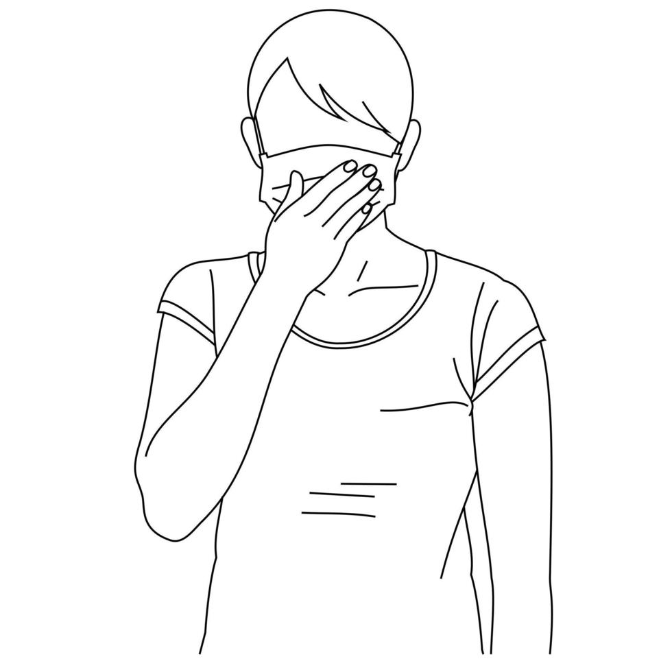Illustration line drawing of a young woman feeling unwell and coughing as symptom for cold, shortness of breath, pain throat or bronchitis. A female coughing into his fist isolated on a white vector