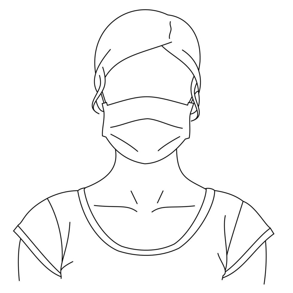 Illustration line drawing of a young woman sick wearing medical face masks to protect from diseases, air pollution, coronavirus, sars, germ, flu or mers-cov. Girl with face masks looking at the camera vector