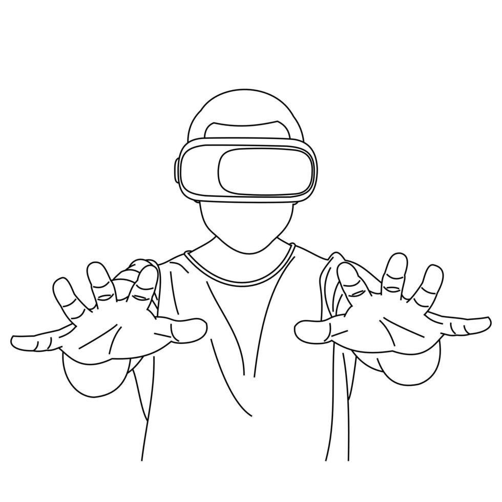 Illustration line drawings a young man uses Virtual Reality glasses when playing games. Pretending to touch button while wearing virtual reality helmet. Wearing VR glasses isolated on white background vector