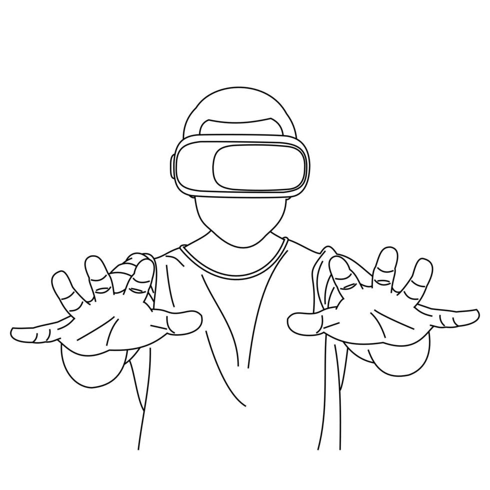 dibujos de líneas de ilustración un joven usa gafas de realidad virtual cuando juega. pretendiendo tocar el botón mientras usa un casco de realidad virtual. usando gafas vr aisladas sobre fondo blanco vector