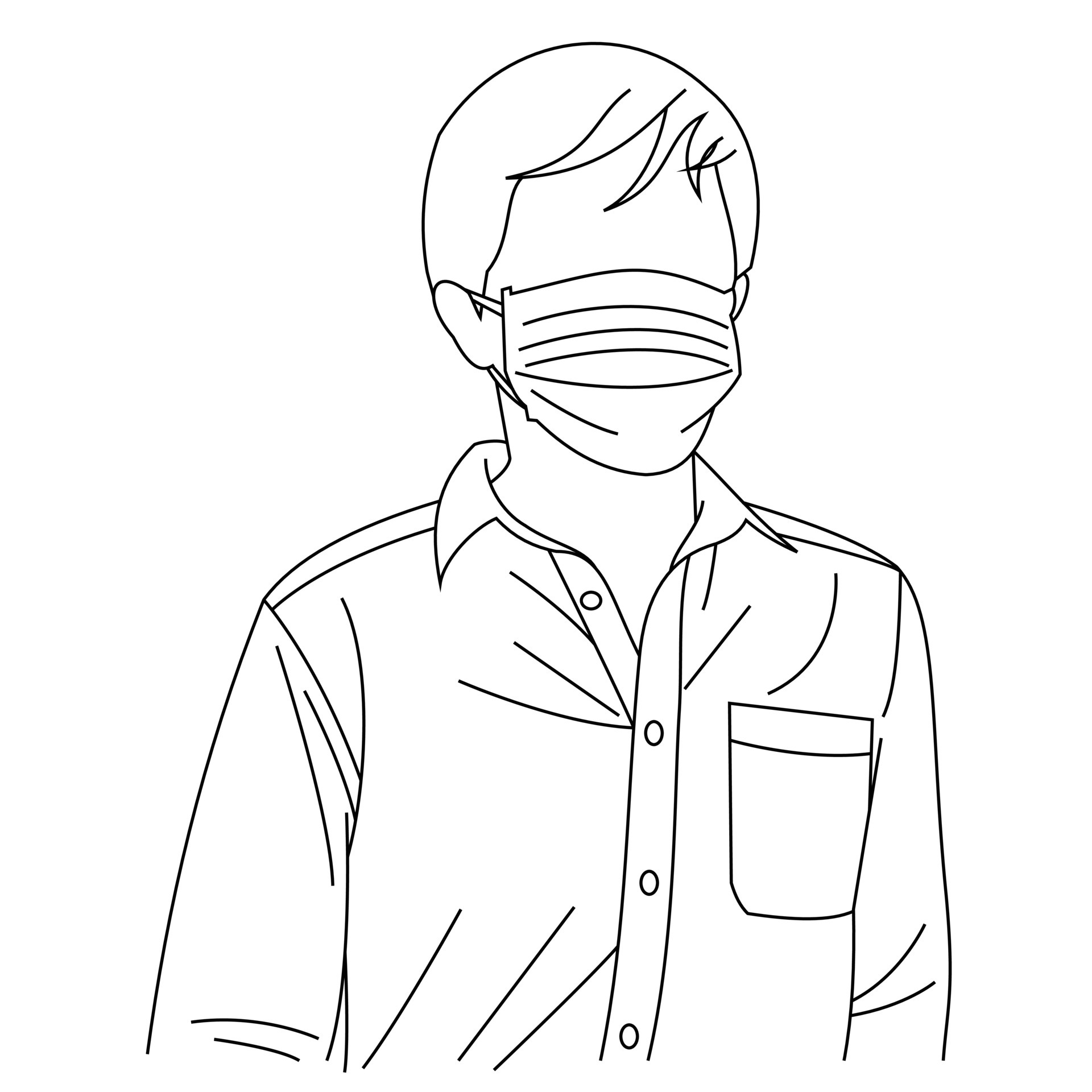 Illustration line drawing of a young man sick wearing medical face