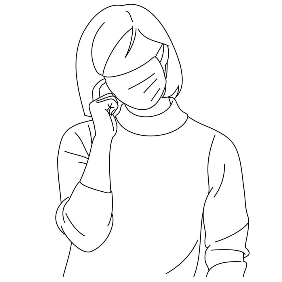 Illustration line drawing of a young woman sick wearing medical face masks to protect from diseases, air pollution, coronavirus, sars, germ, flu or mers-cov. Girl with face masks looking at the camera vector