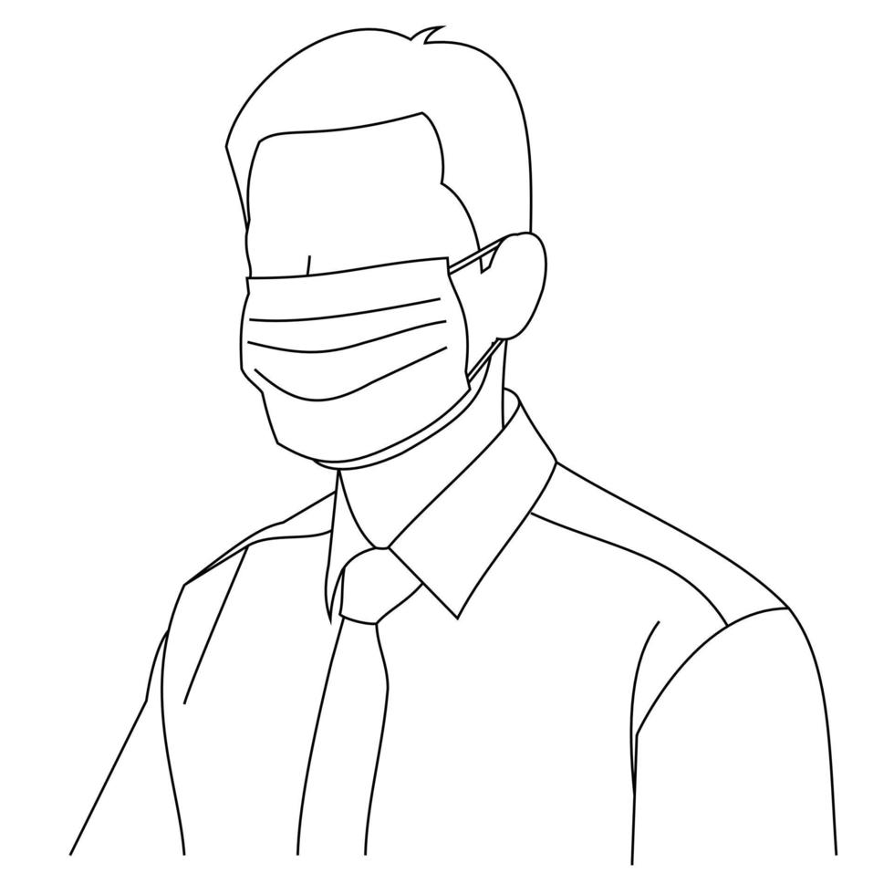 Illustration line drawing of a young man sick wearing medical face masks to protect from diseases, air pollution, coronavirus, sars, germ, flu or mers-cov. Girl with face masks looking at the camera vector