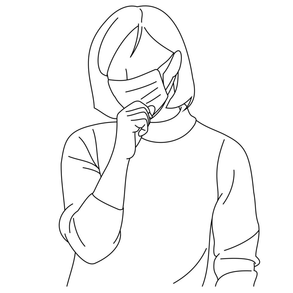 Illustration line drawing of a young woman feeling unwell and coughing as symptom for cold, shortness of breath, pain throat or bronchitis. A female coughing into his fist isolated on a white vector