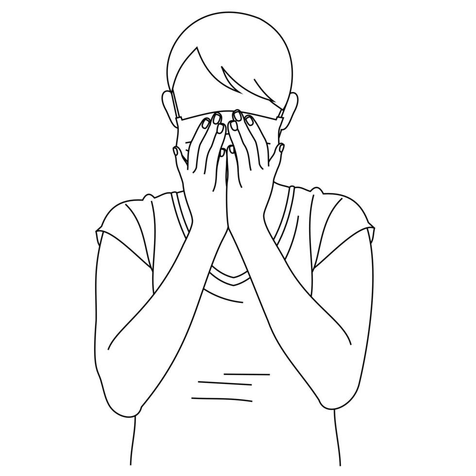 Illustration line drawing of a young woman feeling unwell and coughing as symptom for cold, shortness of breath, pain throat or bronchitis. A female coughing into his fist isolated on a white vector