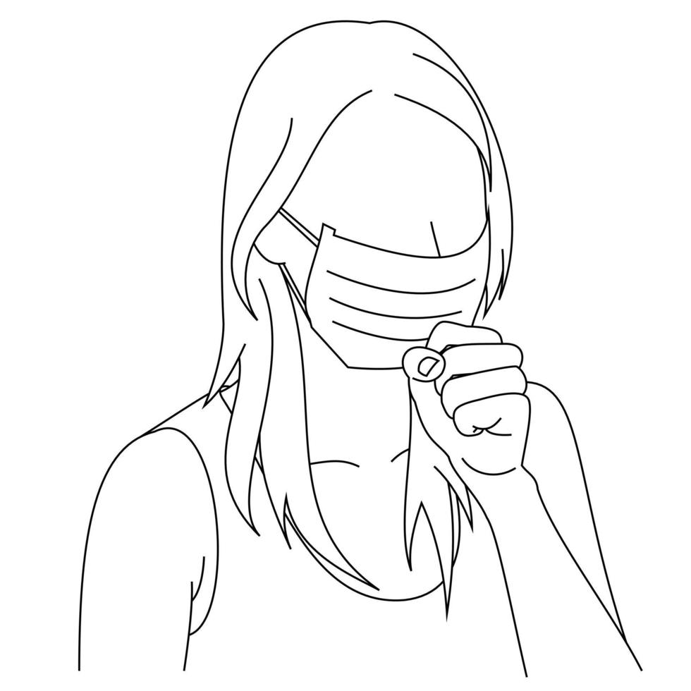 Illustration line drawing of a young woman feeling unwell and coughing as symptom for cold, shortness of breath, pain throat or bronchitis. A female coughing into his fist isolated on a white vector
