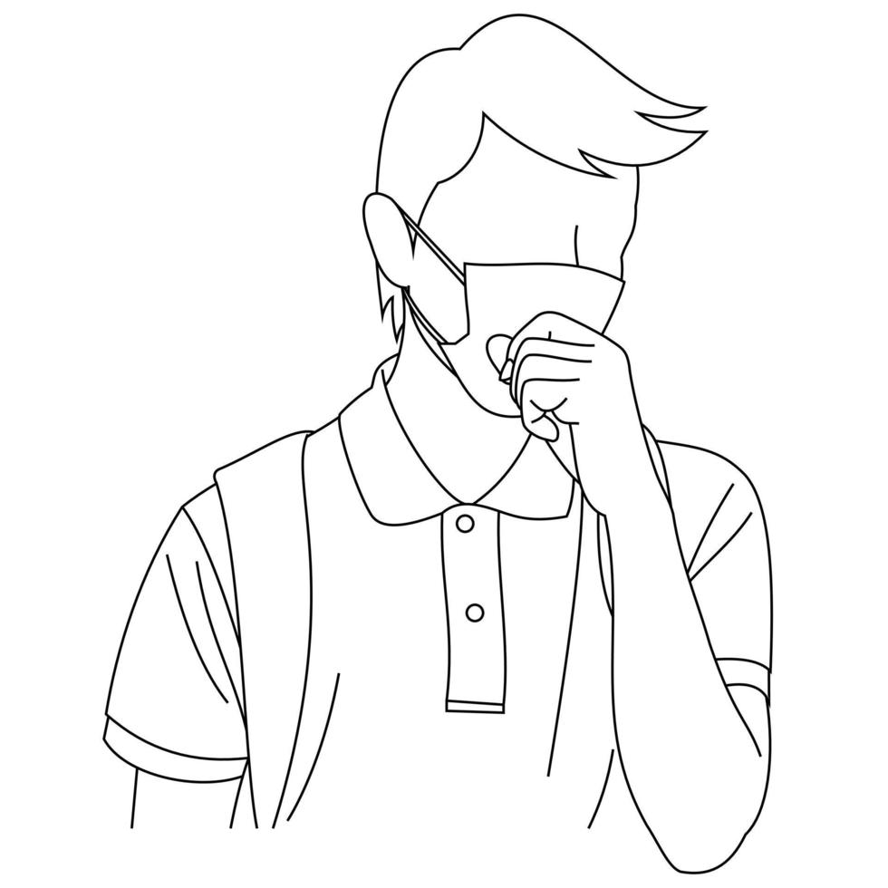 Illustration line drawing of a young man feeling unwell and coughing as symptom for cold, shortness of breath, pain throat or bronchitis. A male coughing into his fist isolated on a white vector