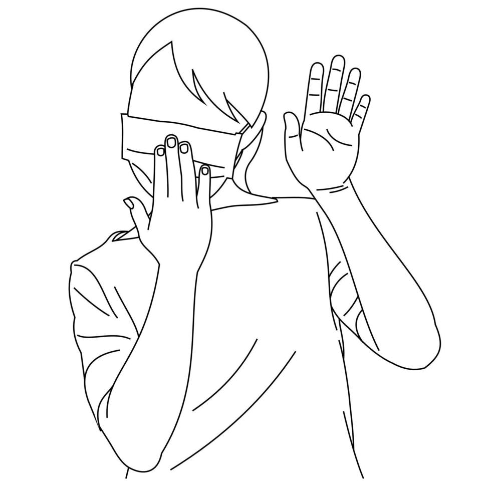 Illustration line drawing of a young woman feeling unwell and coughing as symptom for cold, shortness of breath, pain throat or bronchitis. A female coughing into his fist isolated on a white vector