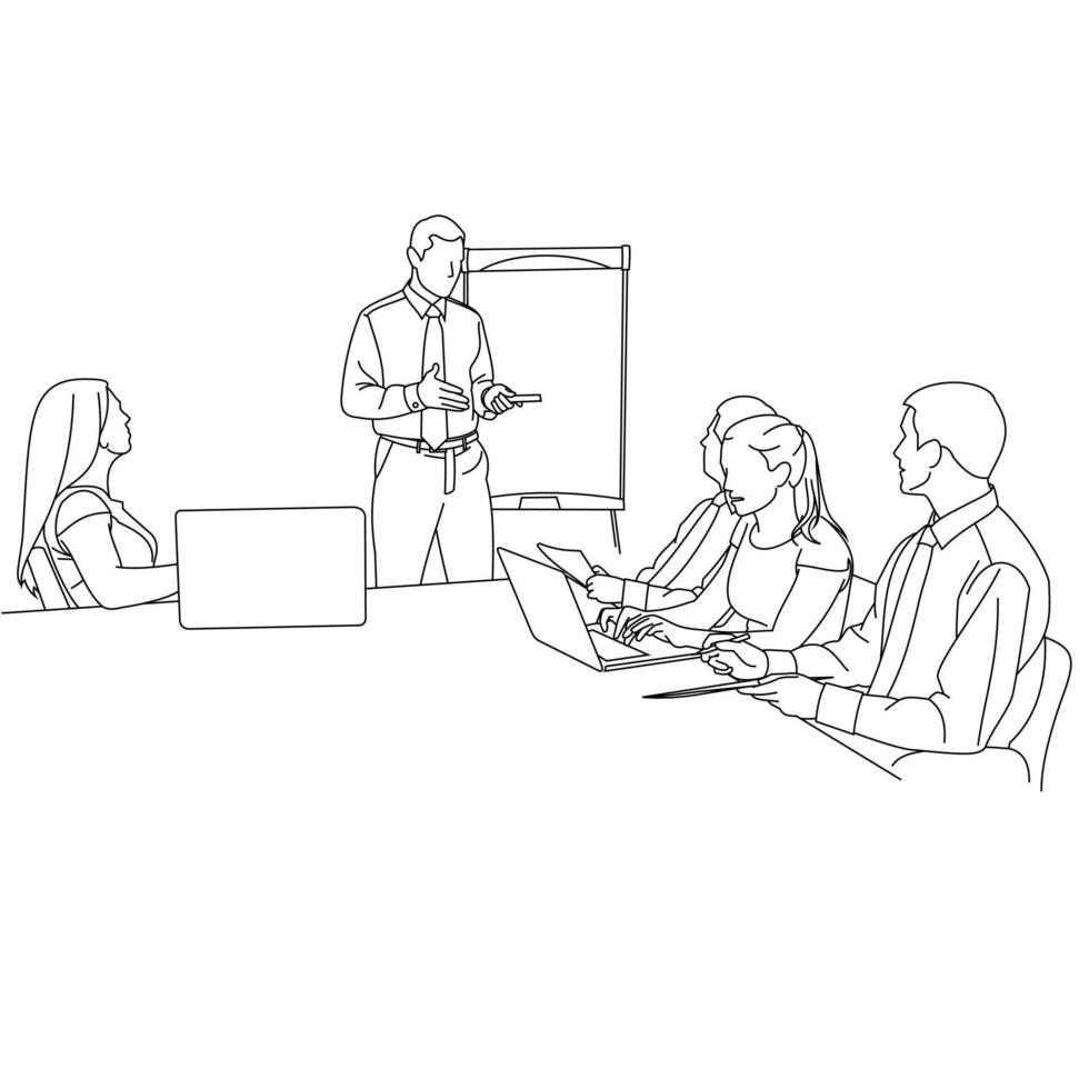 Illustration of line drawing a employee or business team discussing a strategy of their company with leaders in the office. Group of business people sitting and discussing in groups in the office vector