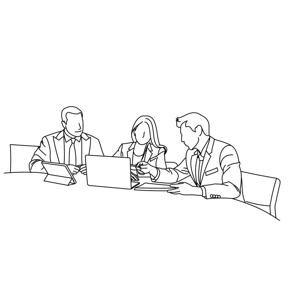 Illustration of line drawing a employee or business team discussing a strategy of their company with leaders in the office. Group of business people sitting and discussing in groups in the office vector