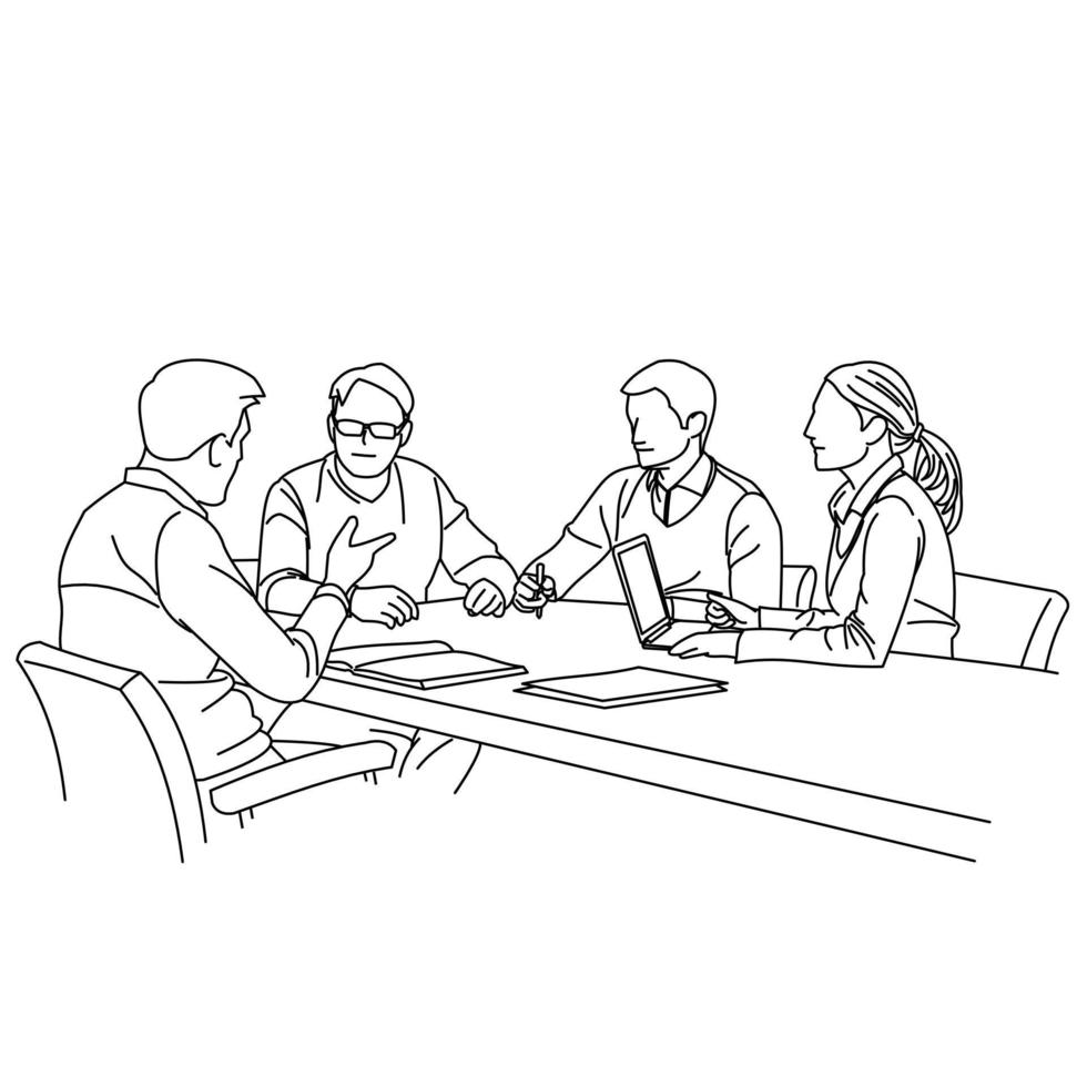 Illustration of line drawing a employee or business team discussing a strategy of their company with leaders in the office. Group of business people sitting and discussing in groups in the office vector