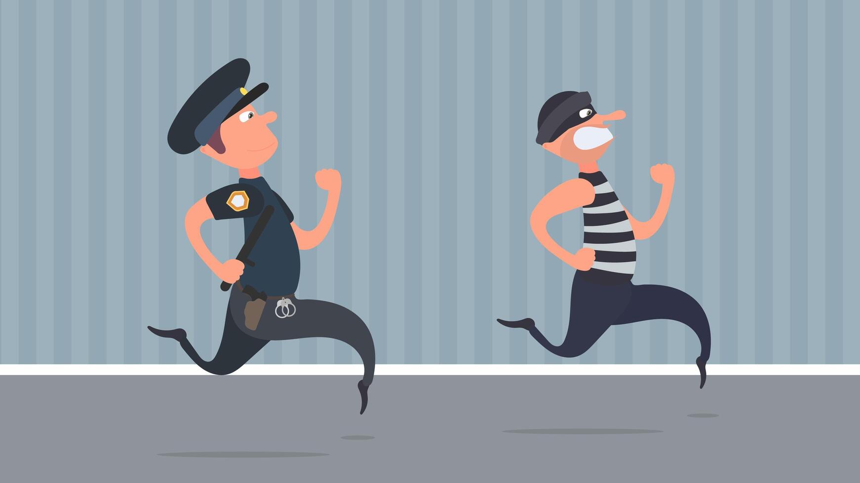 un policía corre tras un ladrón. el criminal se escapa del policía. estilo de dibujos animados. vector. vector