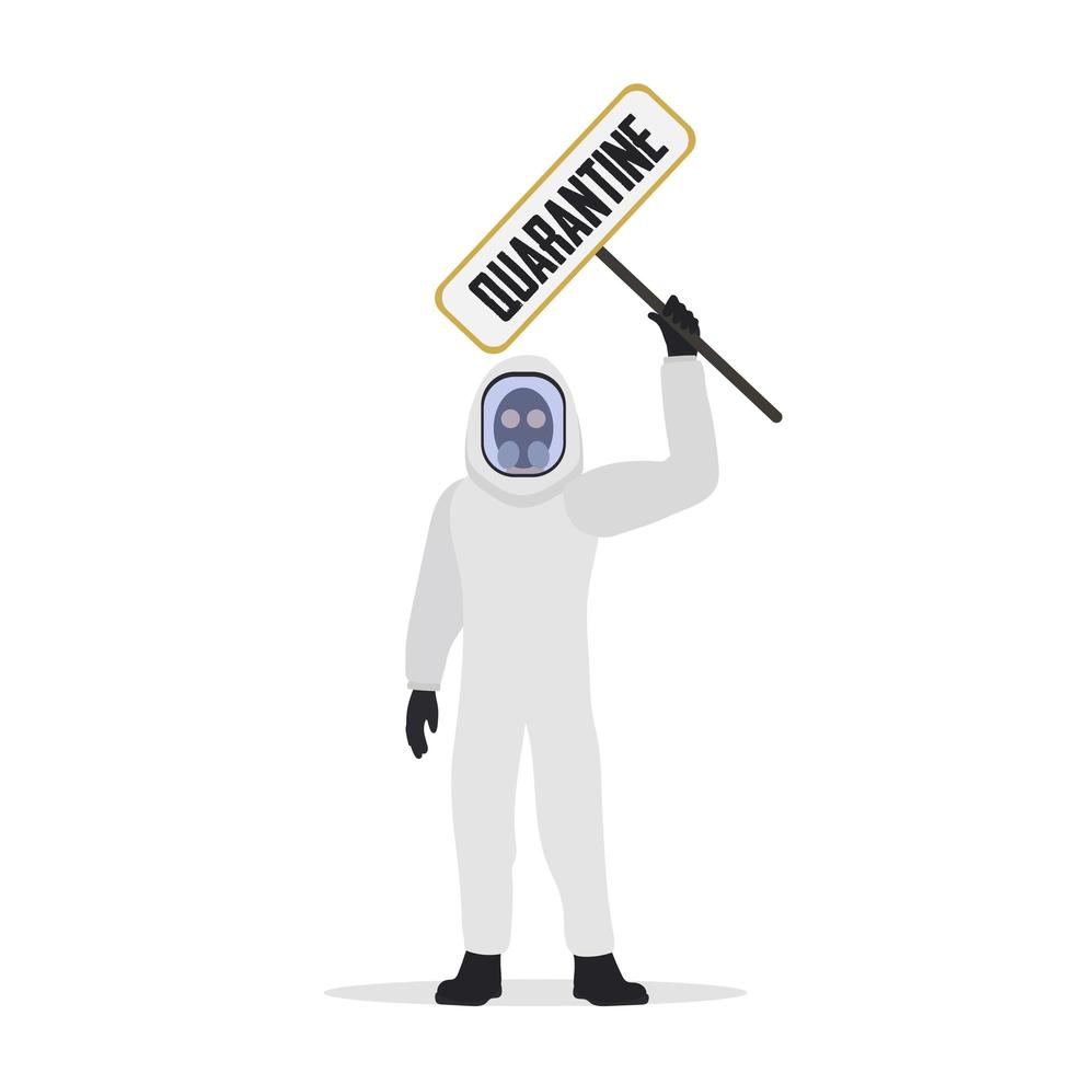 A man in a protective white suit holding a quarantine sign. Suit from virus and radiation. Vector. vector