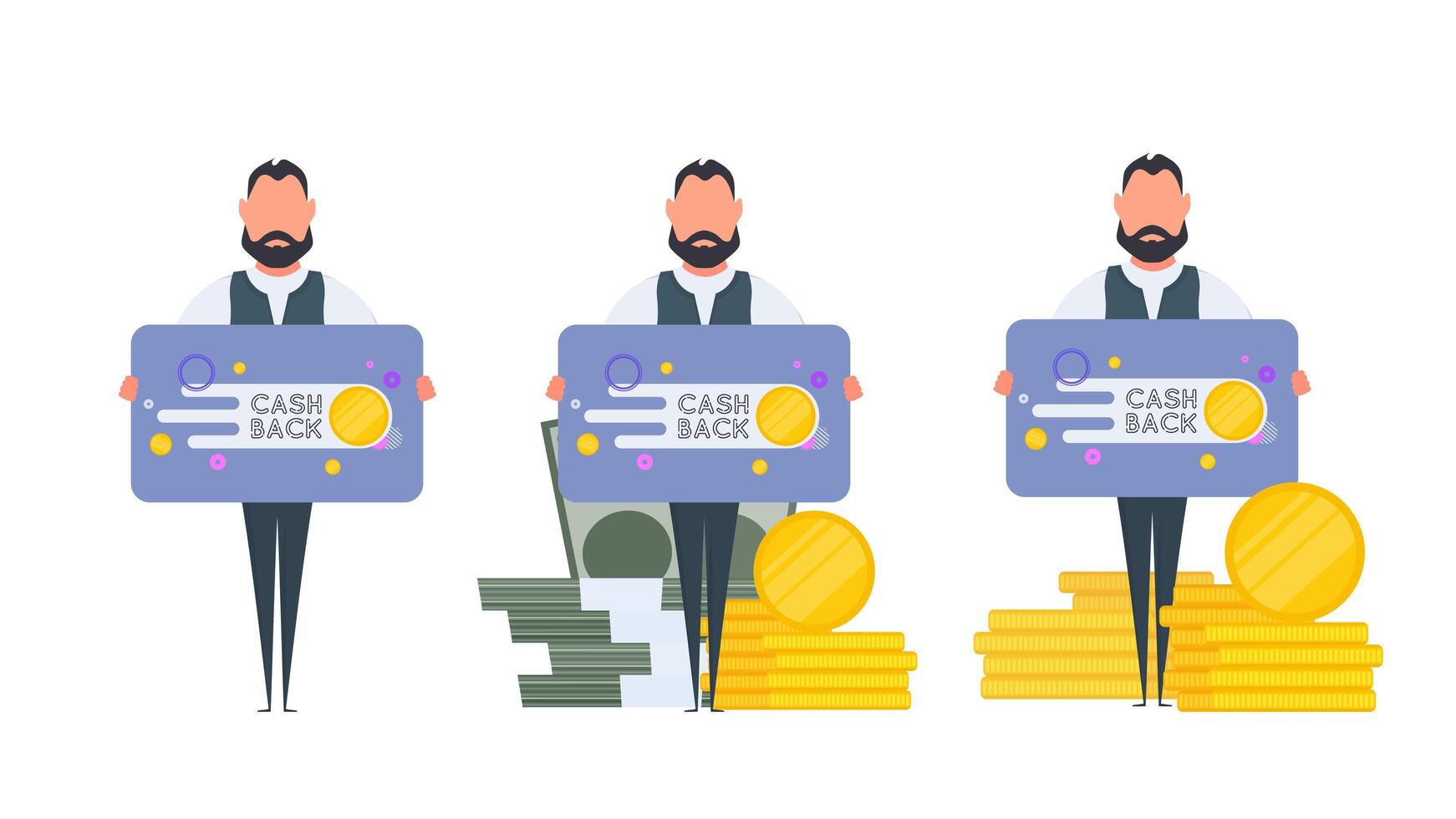 A man holds a banner with the inscription cashback. The guy with the table. The concept of saving money and cashback. Isolated. . vector