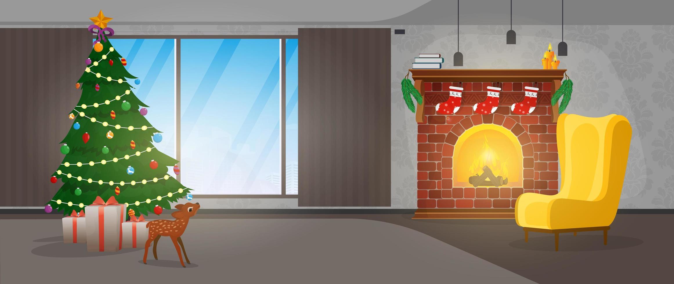 New Year. A room with a fireplace, a Christmas tree and gifts. Vector. vector