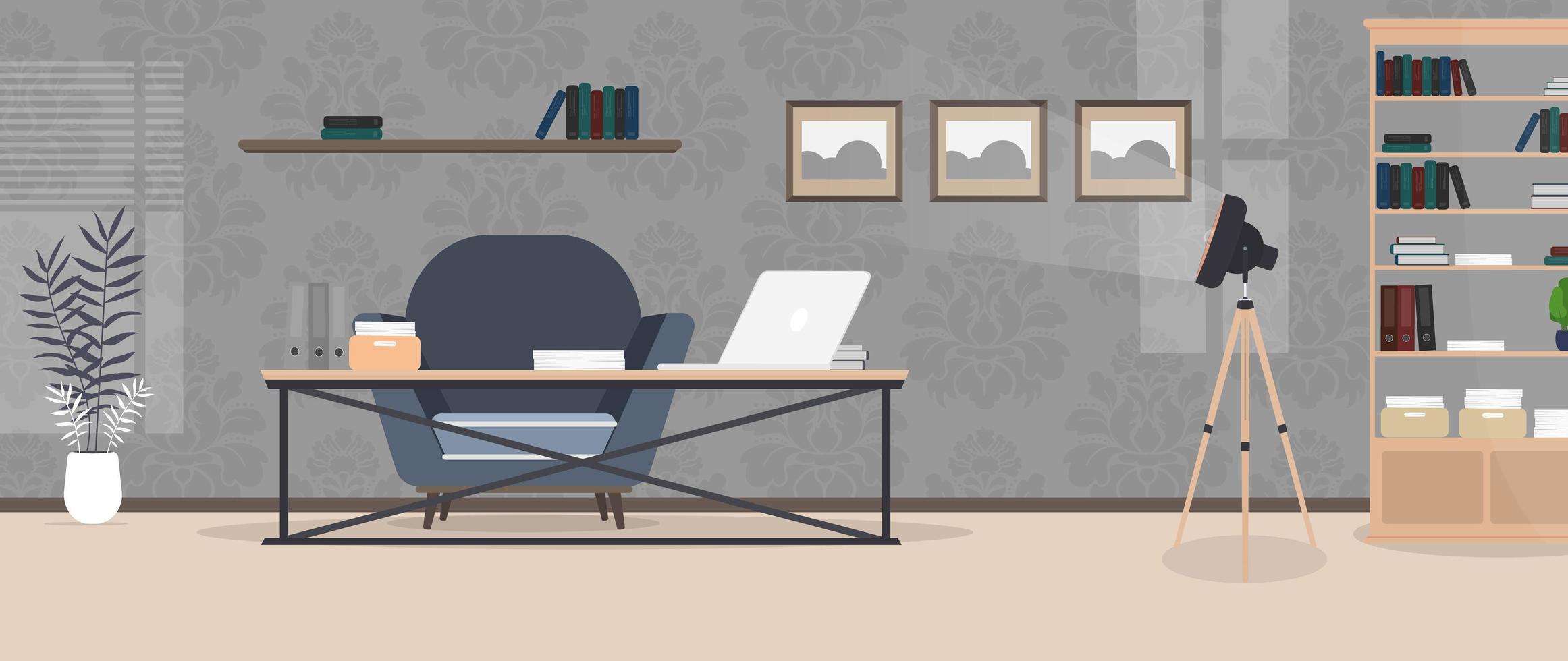 Habitacion estilo loft. cuarto brillante. lugar de trabajo mesa con laptop, libros y documentos. flor en maceta, mueble de madera, cuadros. vector. vector