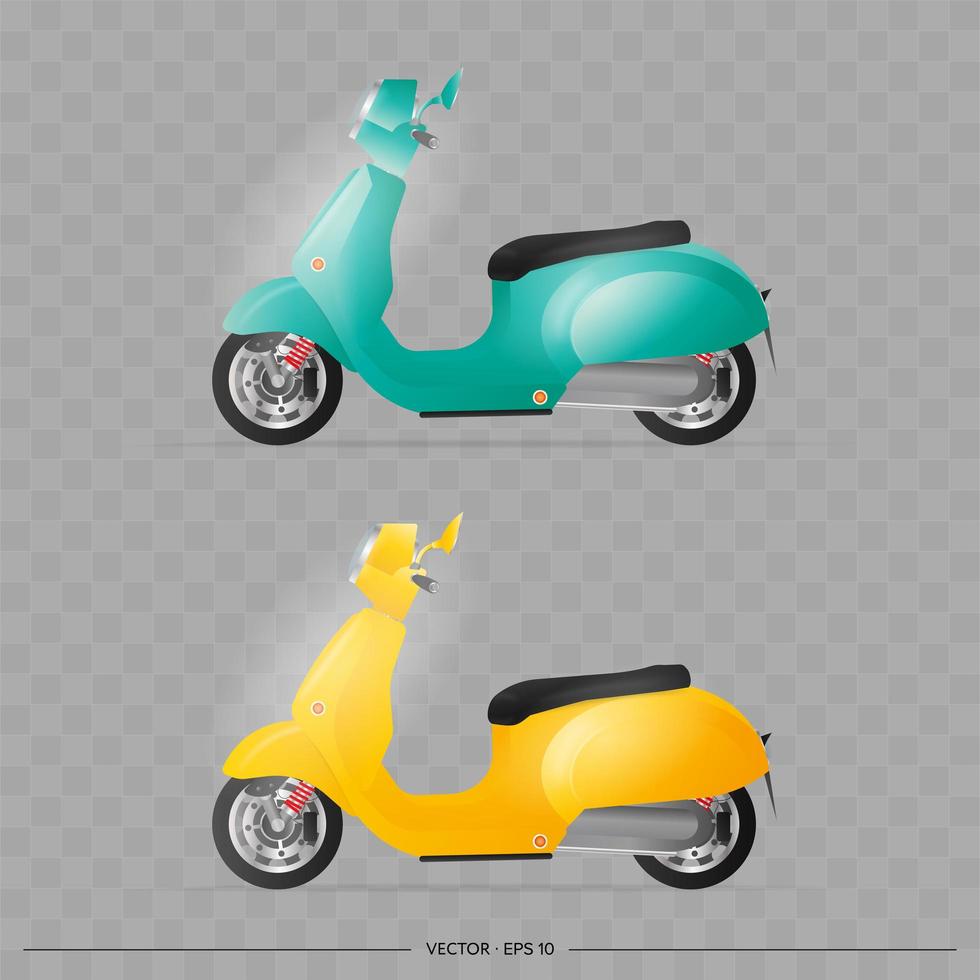Realistic moped in the old style. Yellow and blue old scooter. Element for design of delivery. Transport. Vector illustration.