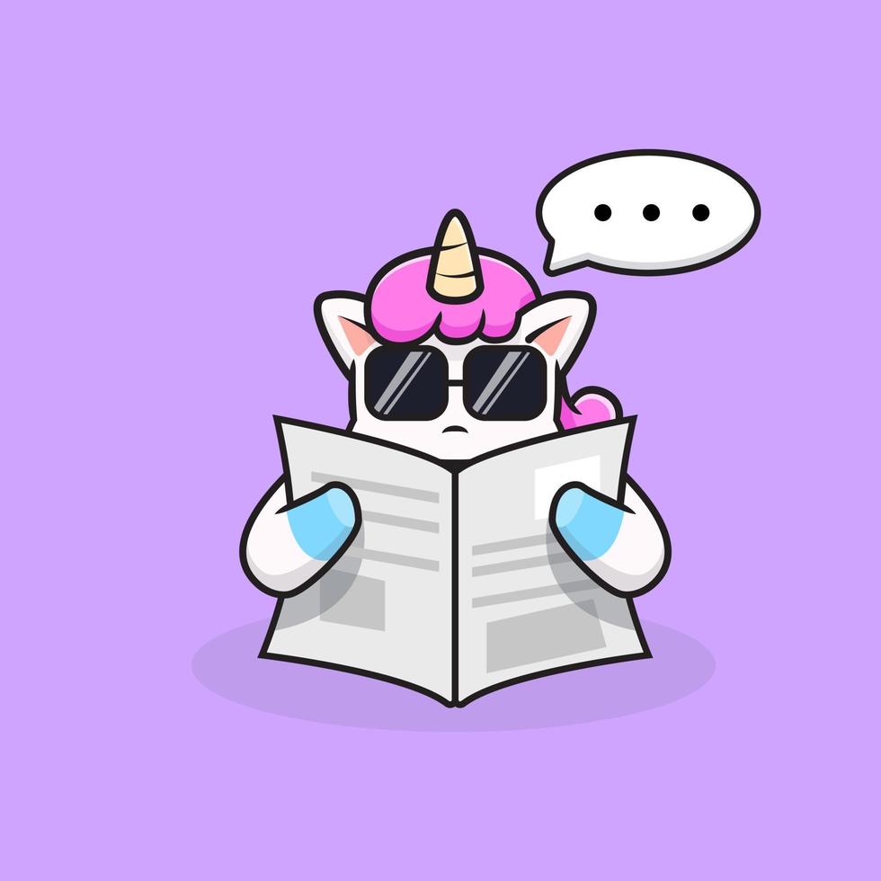 unicornio leyendo periódico lindo dibujo animado vector de ilustración adecuado para libros infantiles, calcomanías, pancartas, camisetas y otros productos gráficos