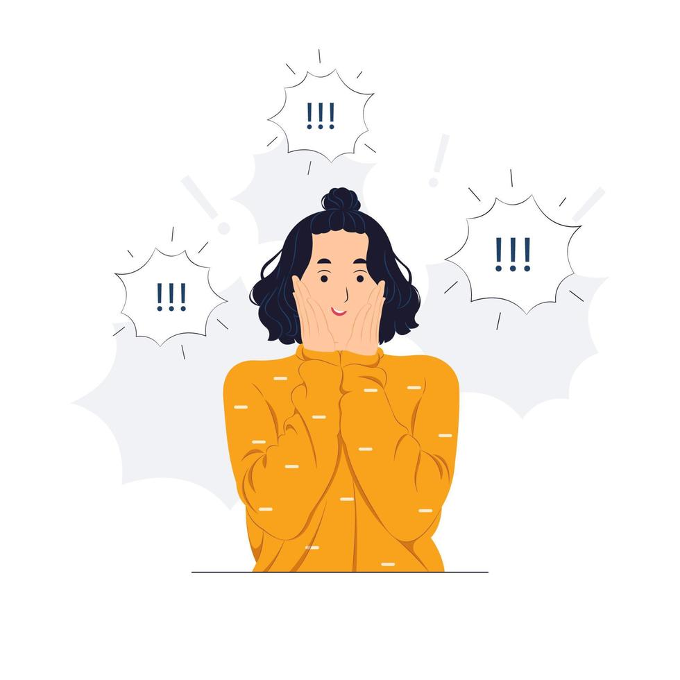 Excited girl with palm on cheek, optimistic woman raises palms from joy, happy to receive awesome present from someone, and shouts loudly concept illustration vector