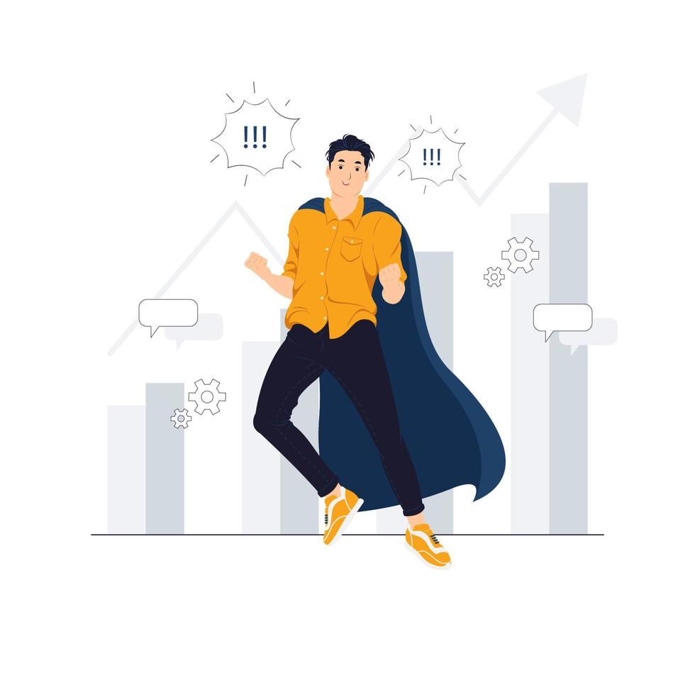 Successful businessman with big profit dressed like superhero flying in the sky concept illustration vector