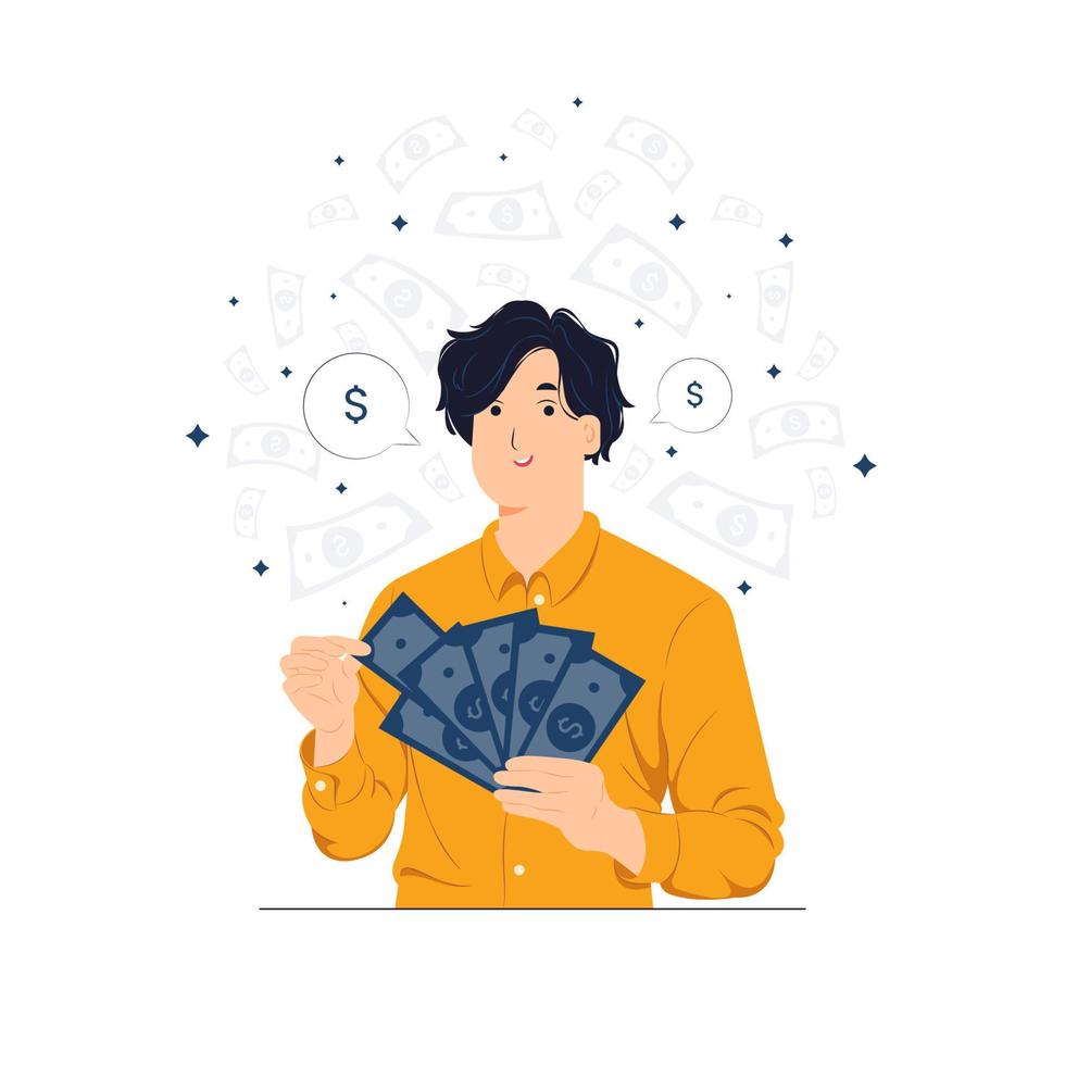 Smiling confident successful rich business man holding money us dollar bills in hand concept illustration vector