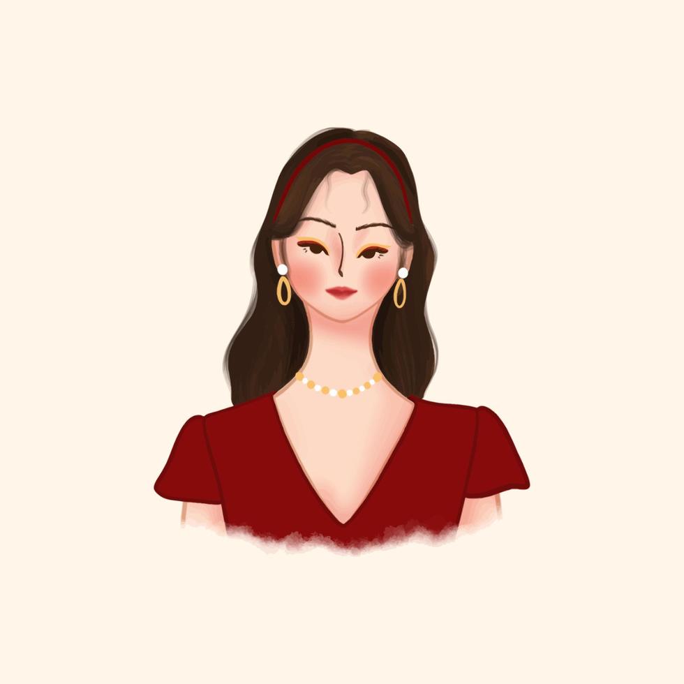 Beauty Girl Hand Drawn Illustration Vector With Red Fashion
