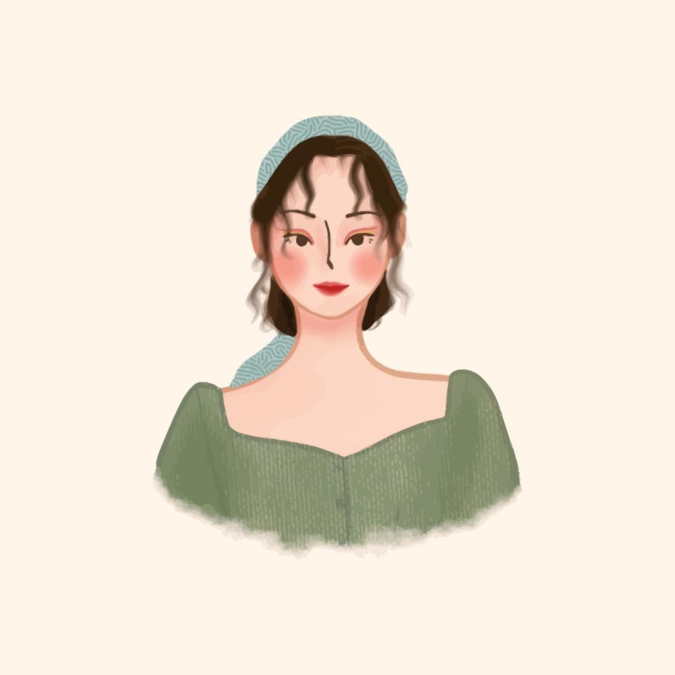 vector de ilustración dibujada a mano de niña hermosa con moda verde y azul suave