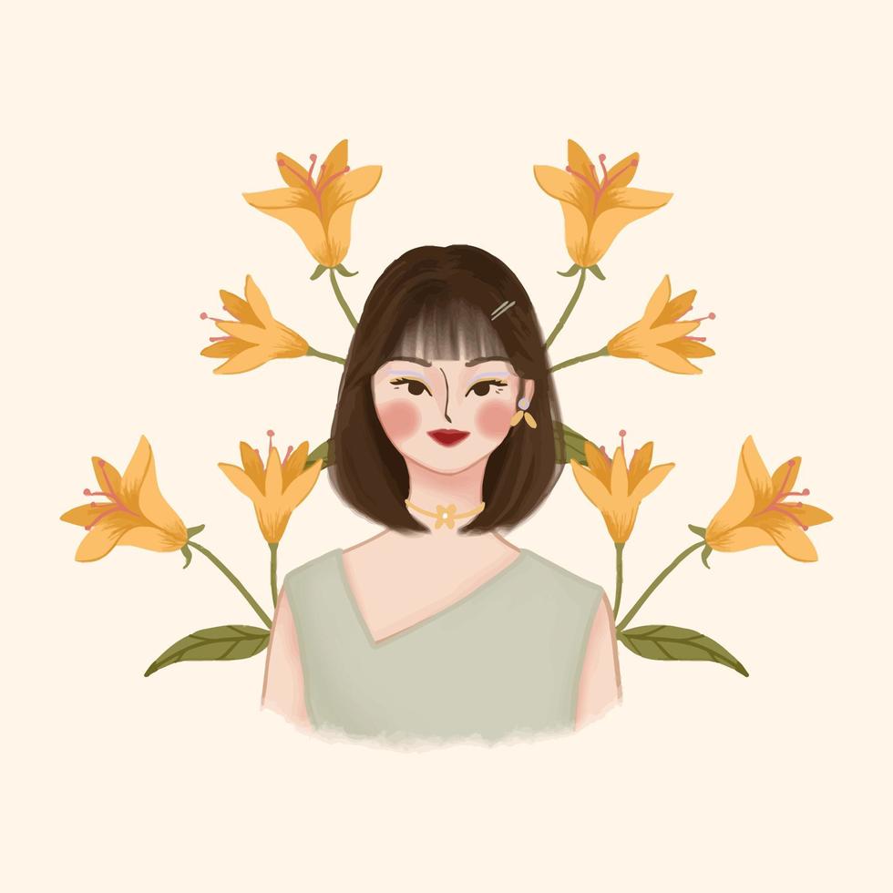 Pretty Girl Hand Drawn Illustration Vector With Soft Green Fashion And Yellow Flower