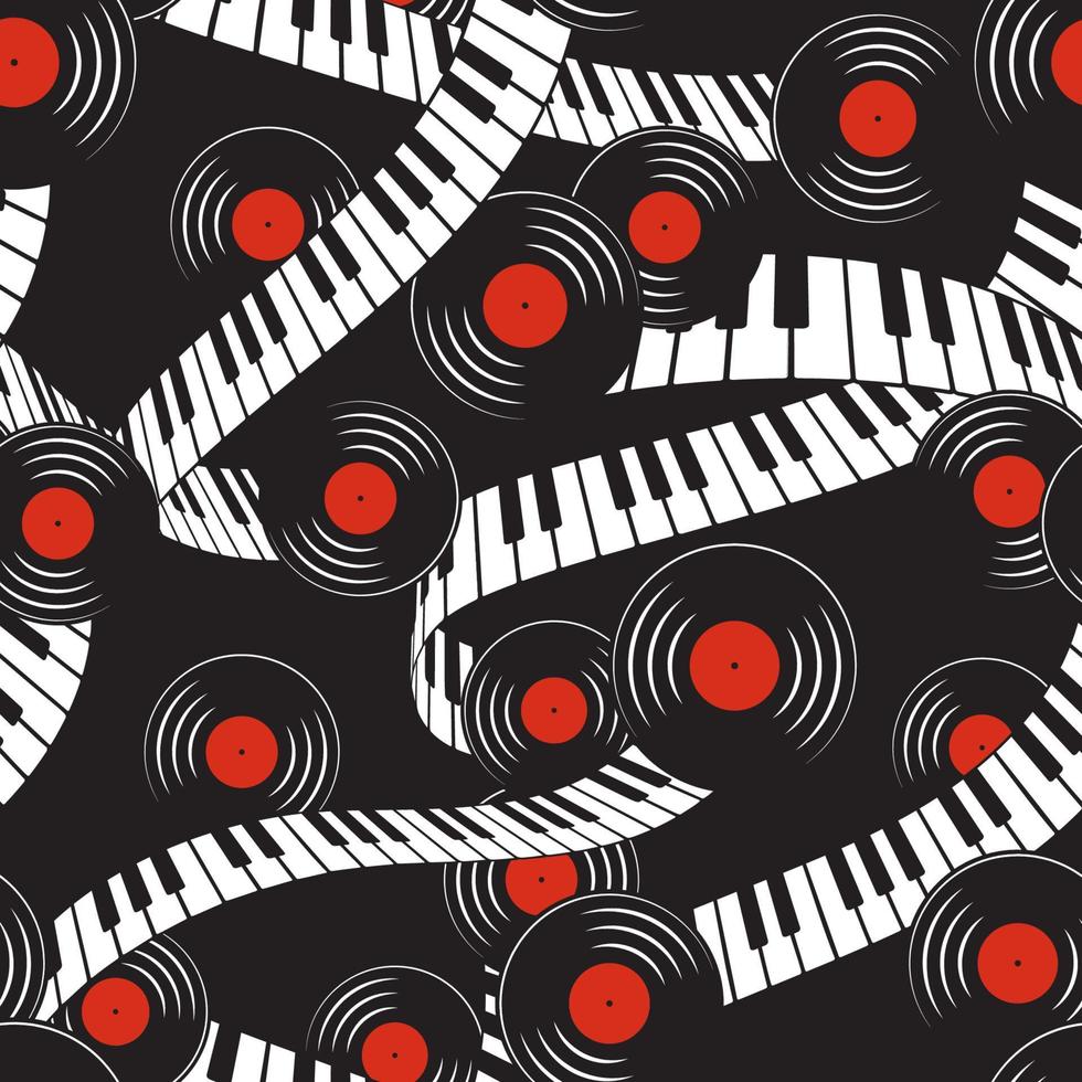 Piano keyboard and vinyl records seamless pattern vector
