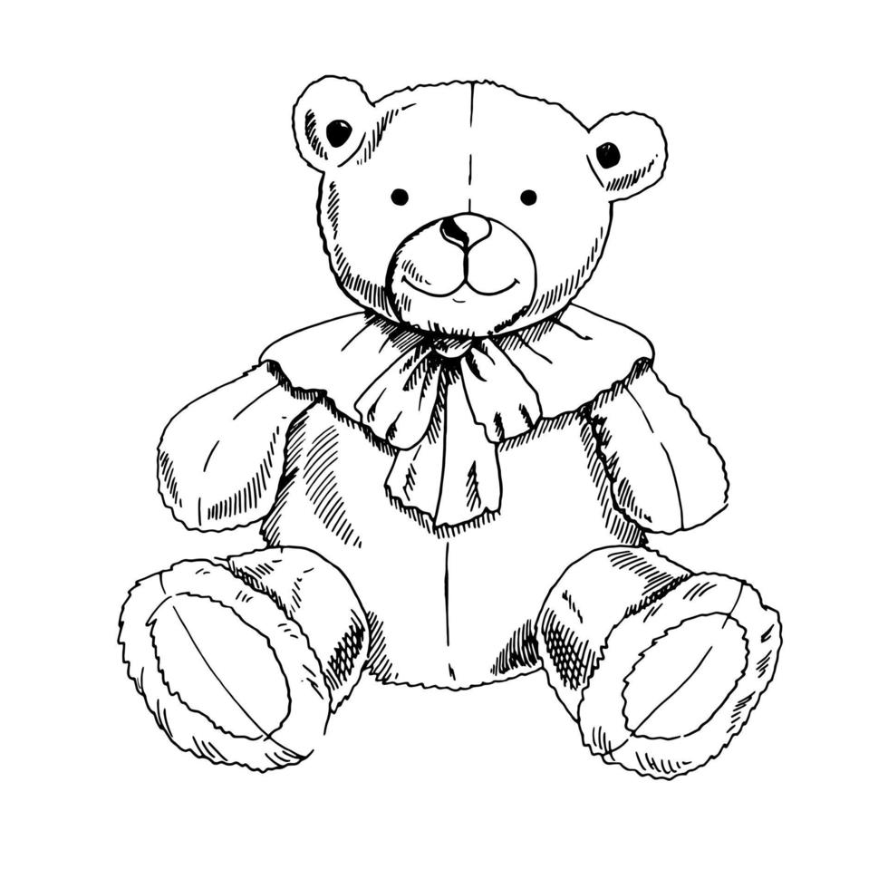 A hand-drawn ink sketch of a vintage toy. Teddy bear toy. Outline on a white background, vintage vector illustration.