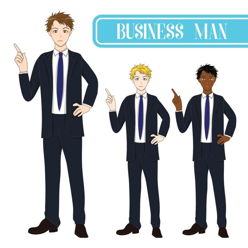 Set Handsome Business Man Pointing Up with Serious Face. vector