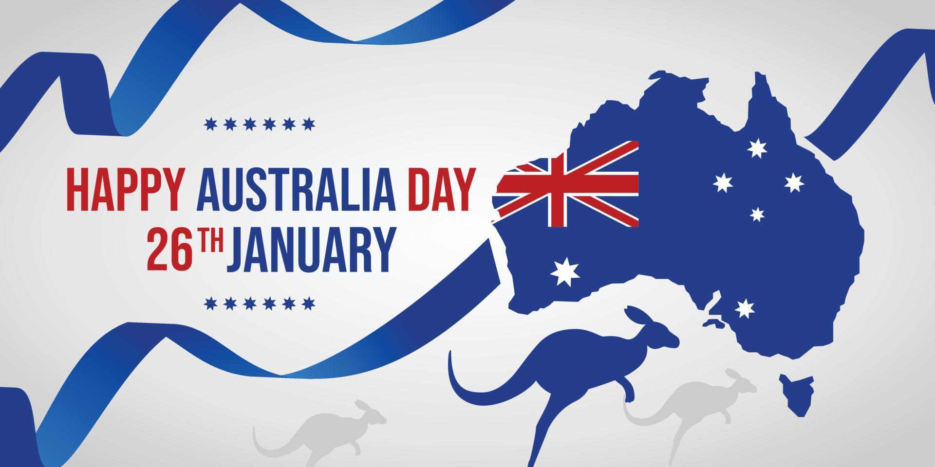 feliz día de australia con mapa y canguro incluye cinta azul. vector de ilustración de plantilla de fondo plano
