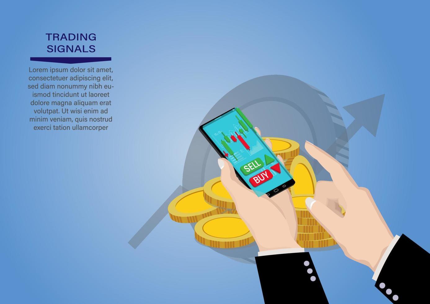 teléfono inteligente de mano con gráfico de velas de venta de acciones y compra usando teléfonos móviles, comercio de inversiones de mercado, ilustración vectorial vector