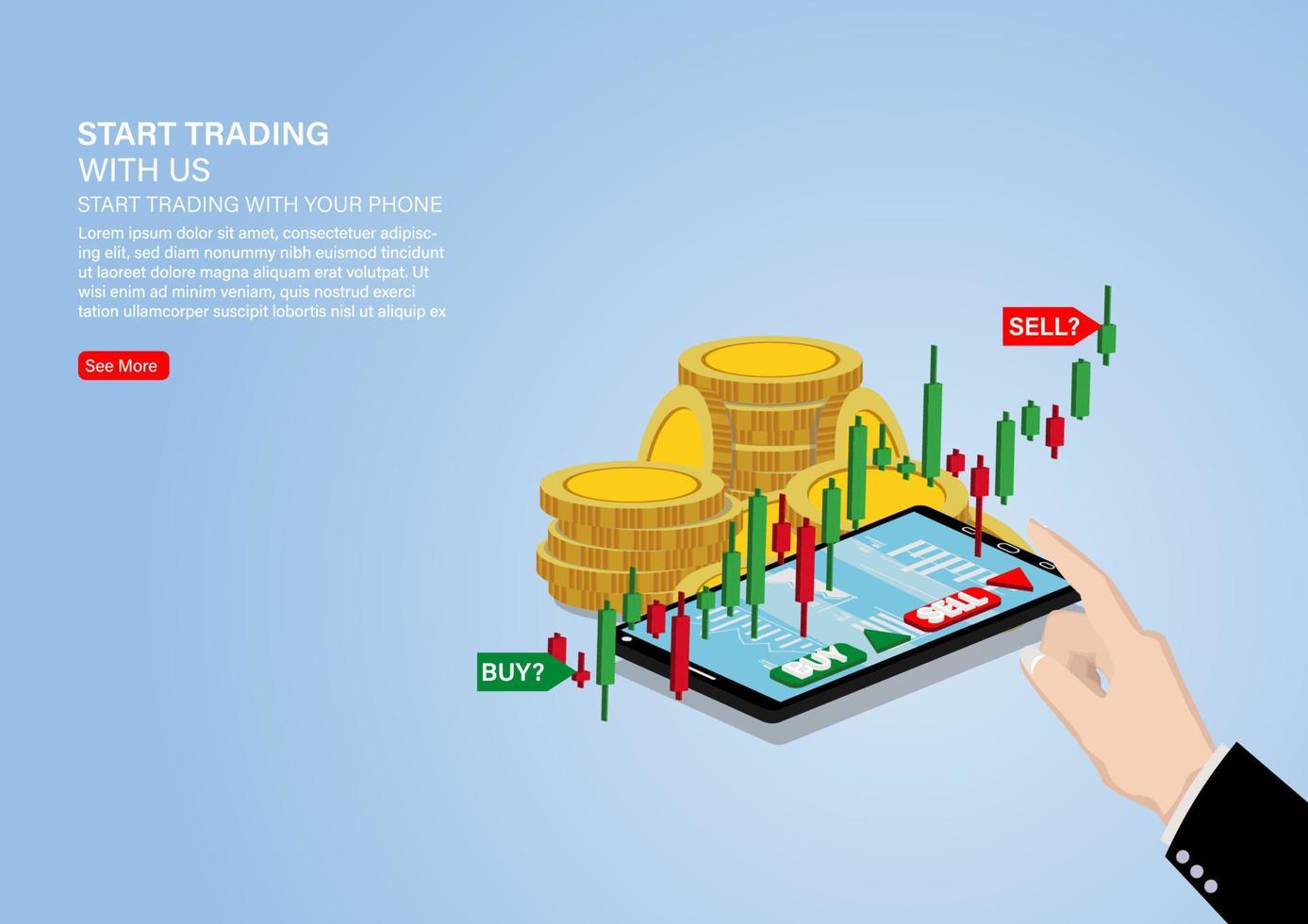 Hand holding smartphone with candlestick chart of stock sale and buy using mobile phones, market investment trading, Vector Illustration