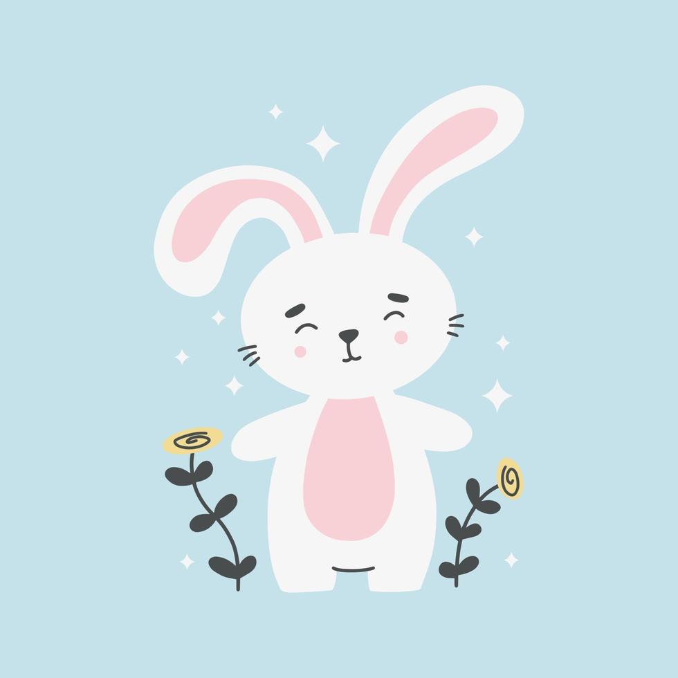 Cute smiling rabbit among flowers vector flat illustration. Baby happy animal with colorful flowering plant.