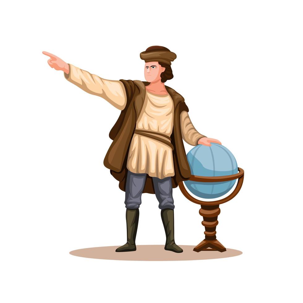 Christopher Columbus, Italian explorer and navigator who completed four voyages across the Atlantic Ocean figure character illustration mascot vector
