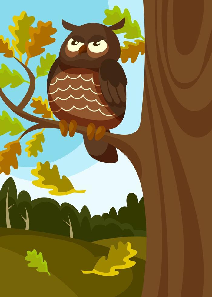 Poster with owl sitting on tree. vector