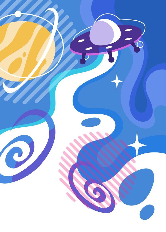 Poster with flying saucer in outer space. vector