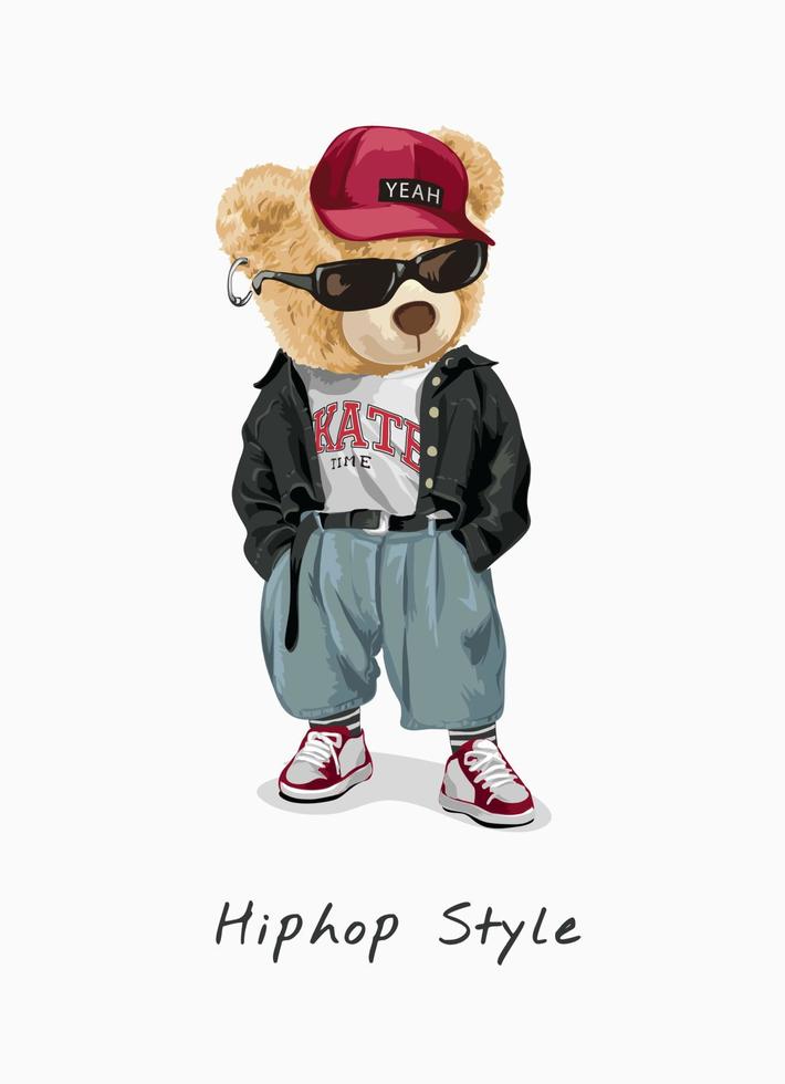 eslogan de estilo hip hop con juguete de oso en ilustración de estilo de moda vector