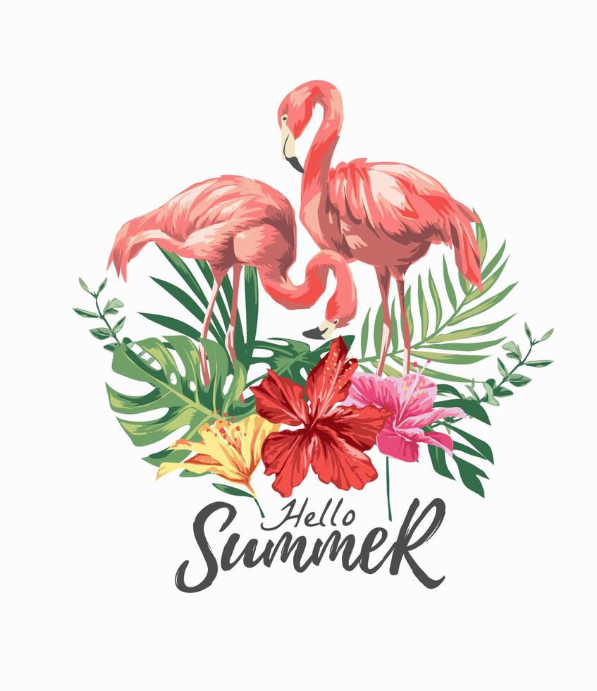 hola eslogan de verano con pareja de flamencos e ilustración de flores de hibisco vector