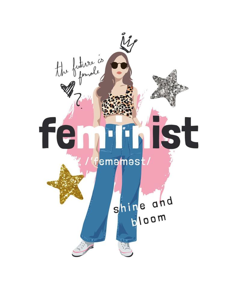 feminist slogan with fashionable girl and glitter star illustration vector